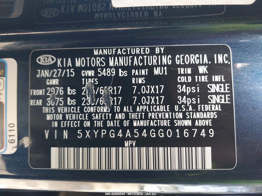 2016 KIA SORENTO VIN: 5XYPG4A54GG016749