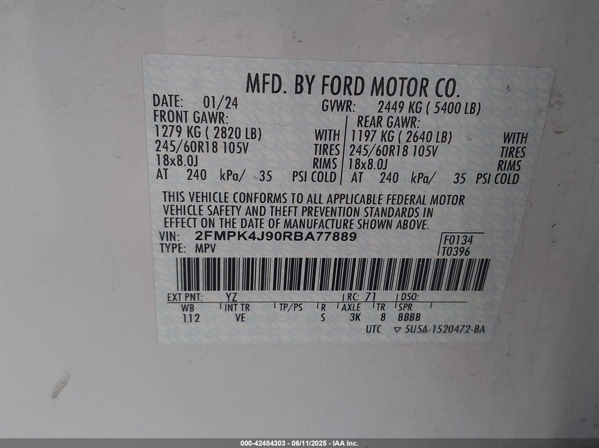 2024 FORD EDGE 2.0L I-4 DI, DOHC, V(VIN: 2FMPK4J90RBA77889