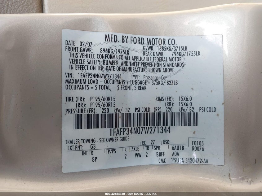 2007 FORD FOCUS VIN: 1FAFP34N07W271344