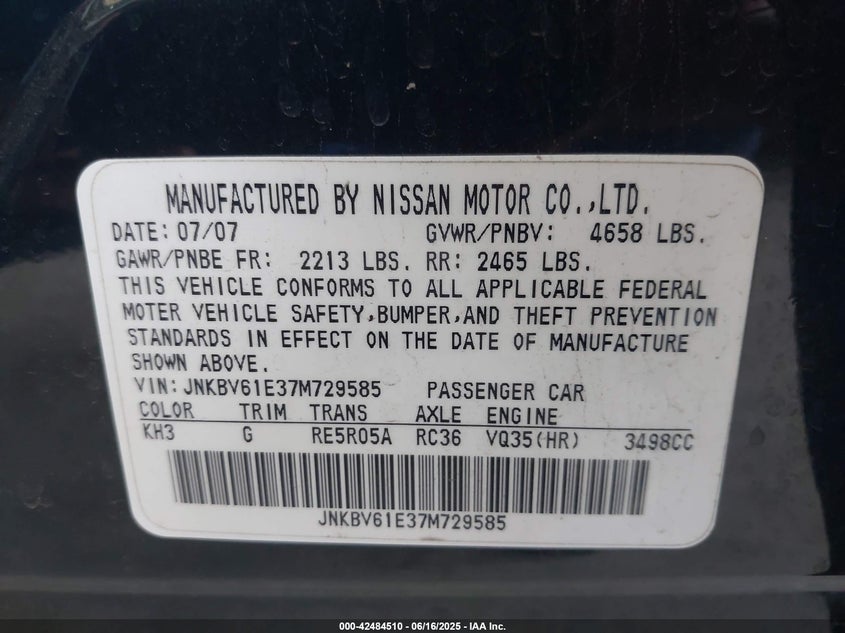 2007 INFINITI G35 VIN: JNKBV61E37M729585