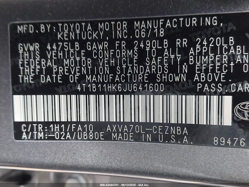 2018 TOYOTA CAMRY LE - 4T1B11HK6JU641600