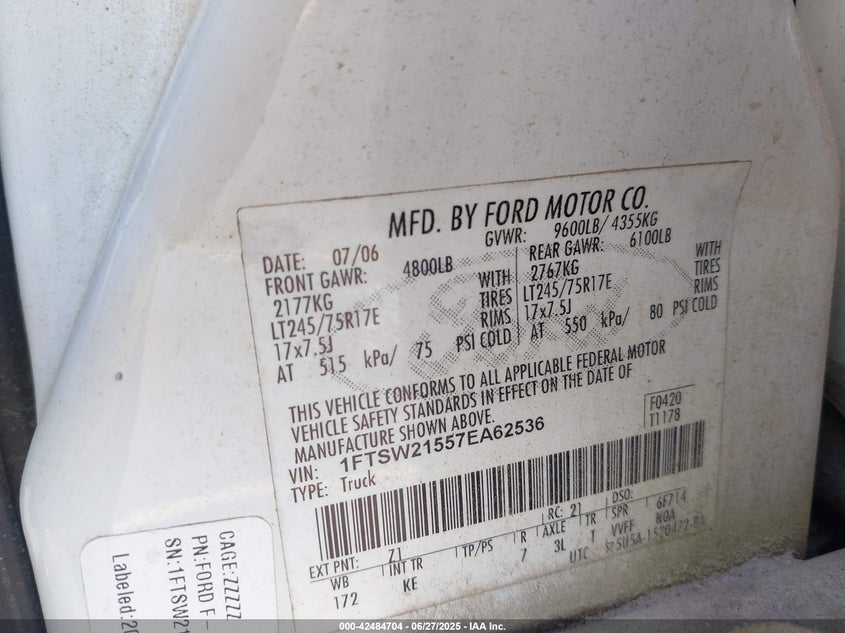 2007 Ford F-250 Lariat/Xl/Xlt VIN: 1FTSW21557EA62536 Lot: 42484704