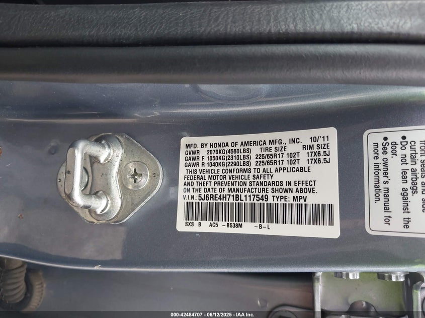 2011 HONDA CR-V VIN: 5J6RE4H71BL117549