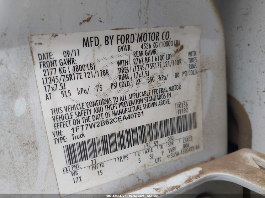 2012 Ford F-250 Xl VIN: 1FT7W2B62CEA40761 Lot: 42484777