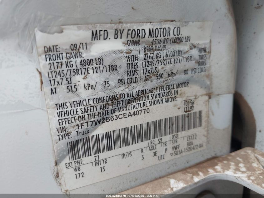 2012 Ford F-250 Xl VIN: 1FT7W2B63CEA40770 Lot: 42484779