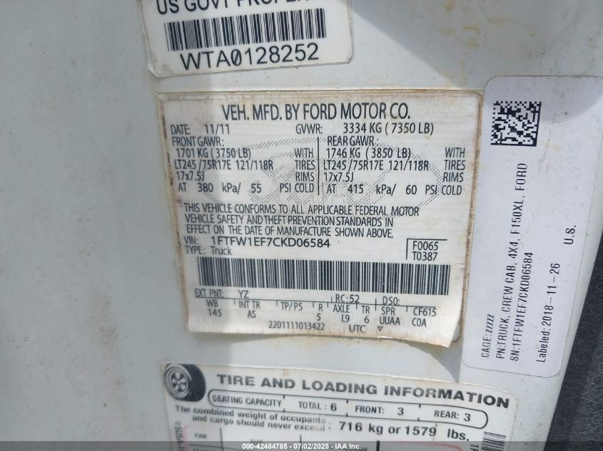 2012 Ford F-150 Xl VIN: 1FTFW1EF7CKD06584 Lot: 42484785