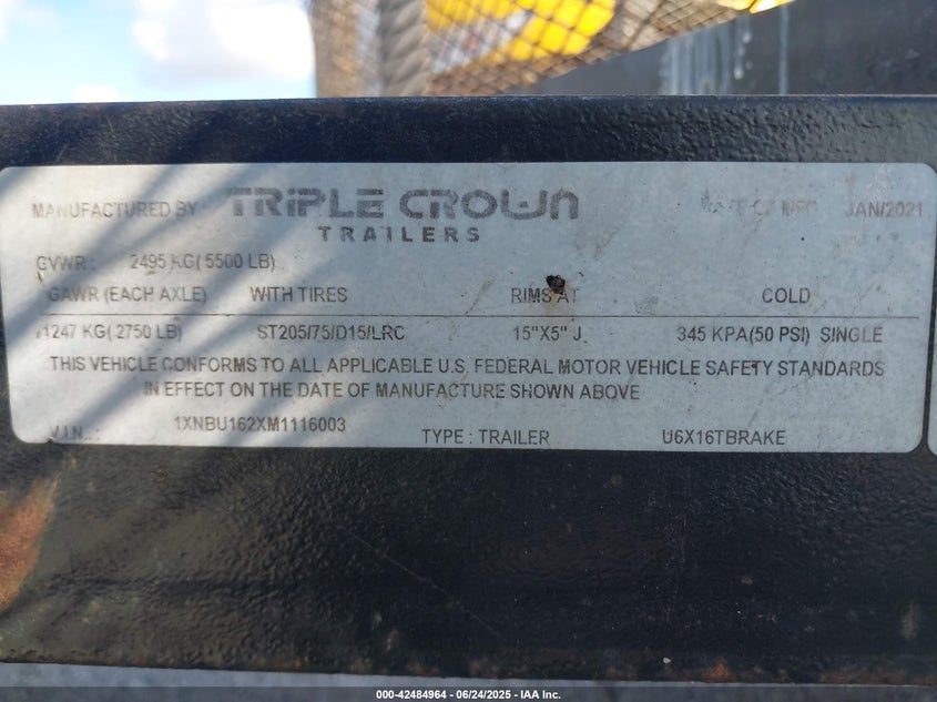 2021 TRIPLE CROWN TRAILER 16X6 UTILITY VIN: 1XNBU162XM1116003