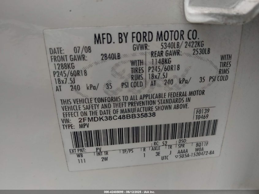 2008 Ford Edge Sel VIN: 2FMDK38C48BB35838 Lot: 42485099
