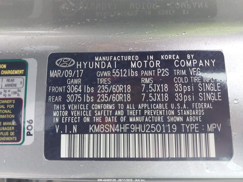 2017 HYUNDAI SANTA FE SE - KM8SN4HF9HU250119