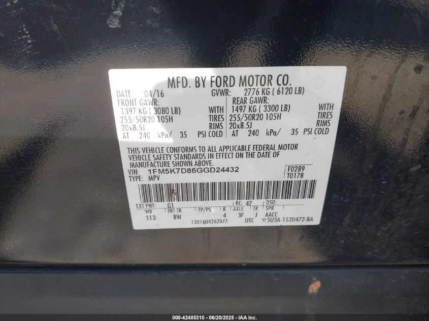 2016 Ford Explorer Xlt VIN: 1FM5K7D86GG024432 Lot: 42485310