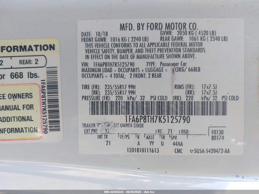 2019 FORD MUSTANG - 1FA6P8TH7K5125790