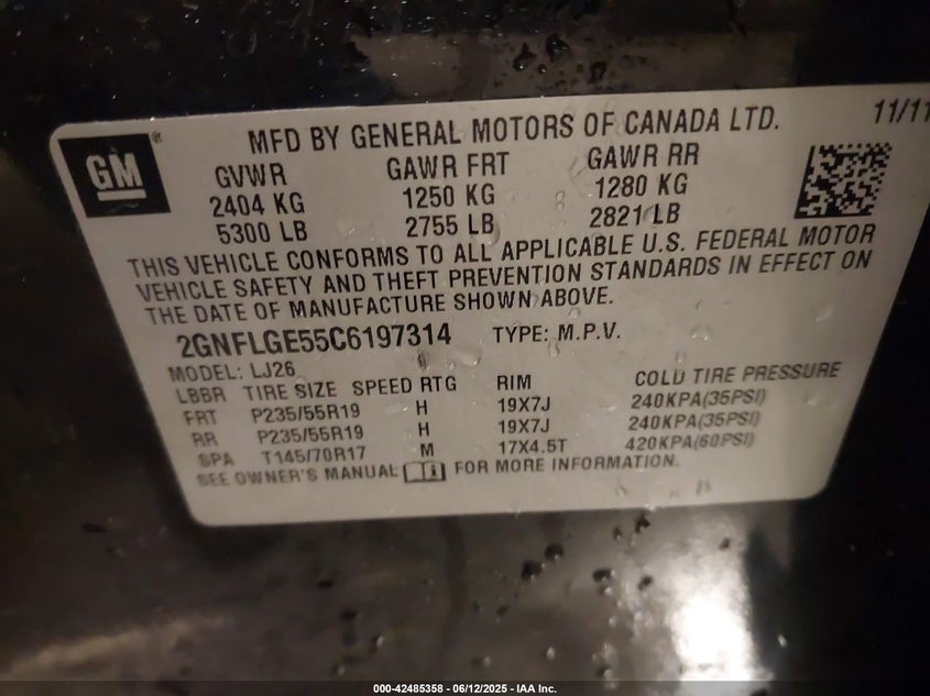2012 CHEVROLET EQUINOX VIN: 2GNFLGE55C6197314