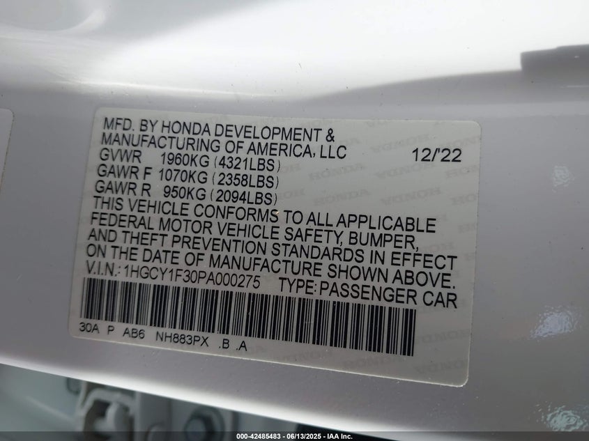 2023 HONDA ACCORD VIN: 1HGCY1F30PA000275