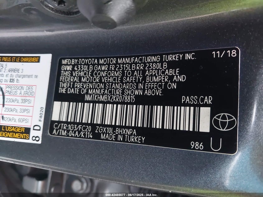2019 TOYOTA C-HR VIN: NMTKHMBX2KR078815