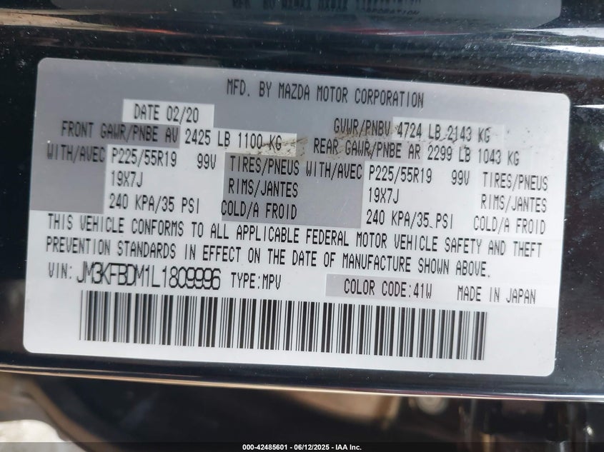 2020 Mazda Cx-5 2.5 Grand Touring Black Lot 111042485601 Vin JM3KFBDM1L1809996