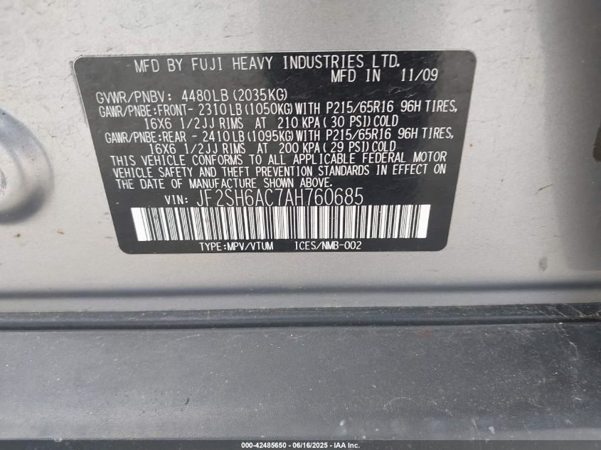 2010 Subaru Forester 2.5X VIN: JF2SH6AC7AH760685 Lot: 42485650
