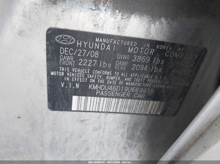 2009 HYUNDAI ELANTRA VIN: KMHDU46D19U669418
