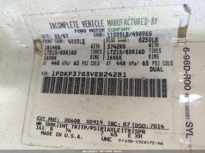 1997 Ford F-350 Chassis Xl VIN: 1FDKF37G3VEB24281 Lot: 42485813