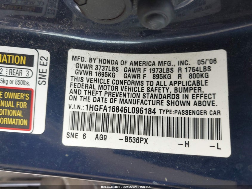 2006 HONDA CIVIC VIN: 1HGFA16846L096184