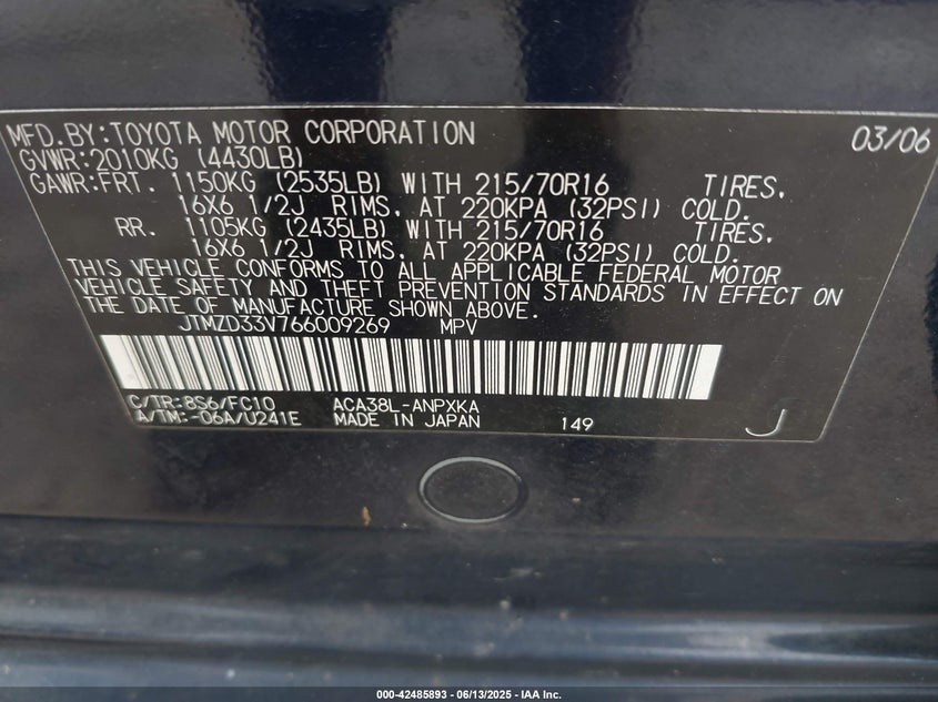 2006 TOYOTA RAV4 VIN: JTMZD33V766009269