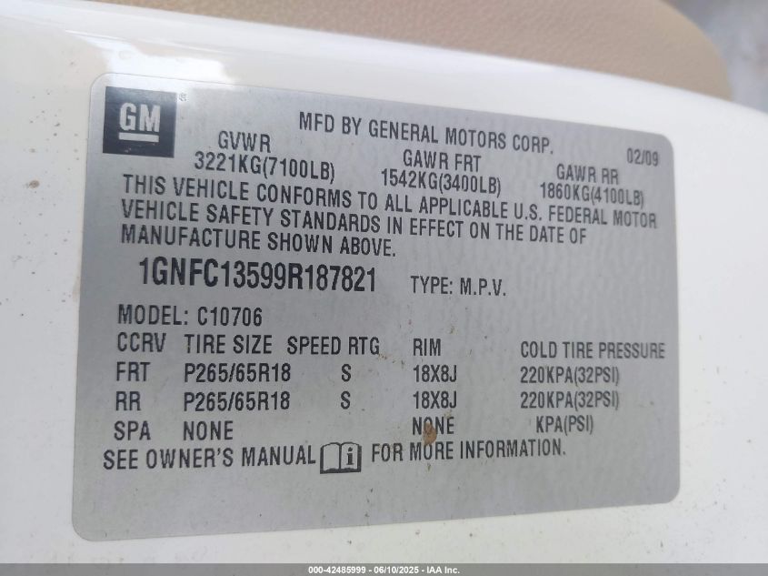 2009 Chevrolet Tahoe Hybrid VIN: 1GNFC13599R187821 Lot: 42485999