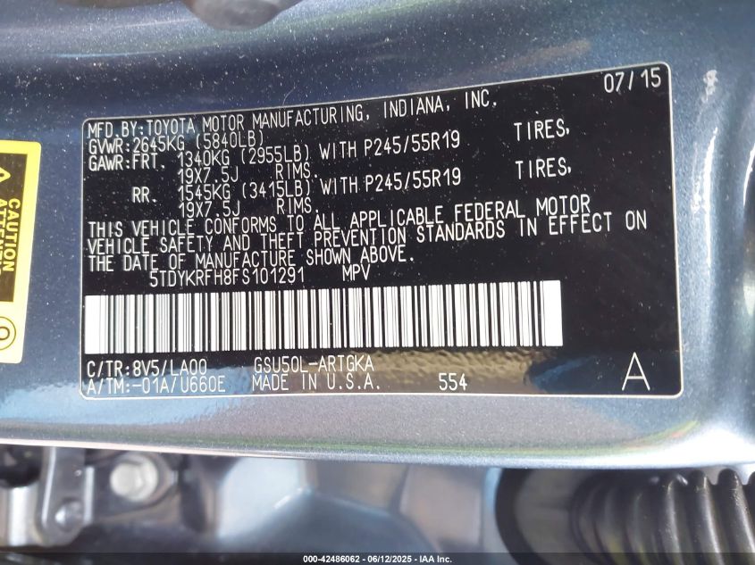 2015 Toyota Highlander Limited Platinum V6 VIN: 5TDYKRFH8FS101291 Lot: 42486062