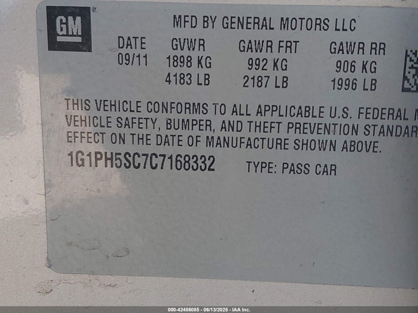 2012 CHEVROLET CRUZE VIN: 1G1PH5SC7C7168332