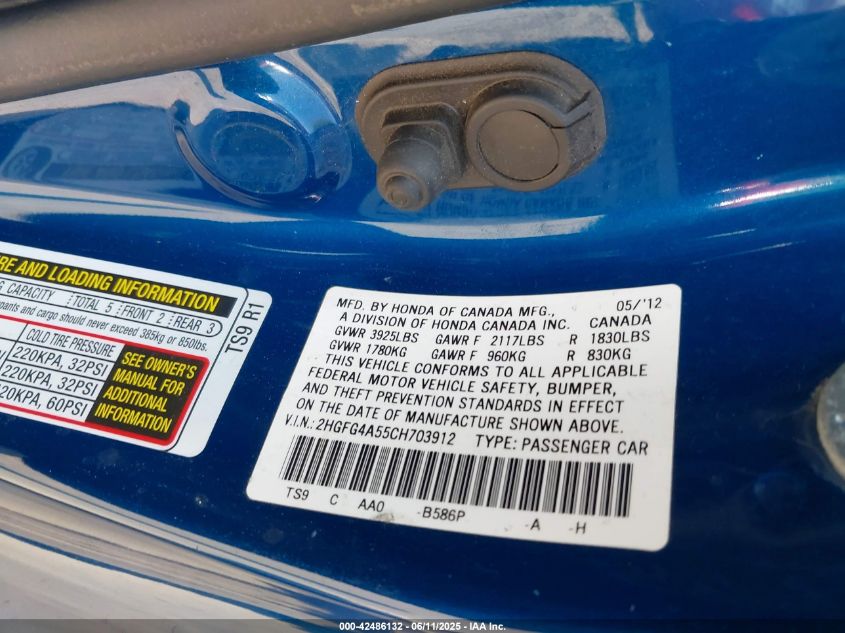 2012 Honda Civic Si VIN: 2HGFG4A55CH70391 Lot: 42486132