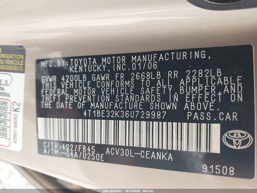 2006 TOYOTA CAMRY VIN: 4T1BE32K36U729987