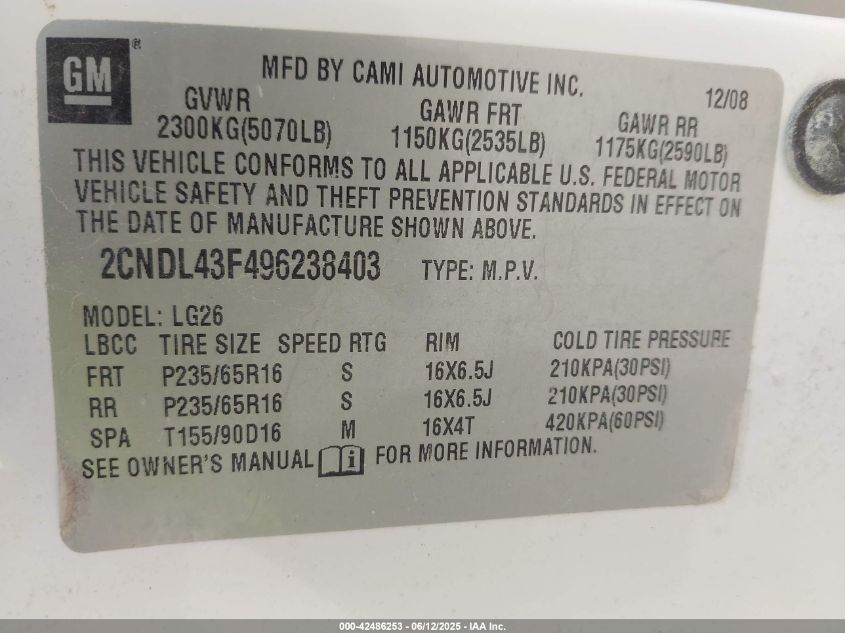 2009 Chevrolet Equinox Lt VIN: 2CNDL43F496238403 Lot: 42486253