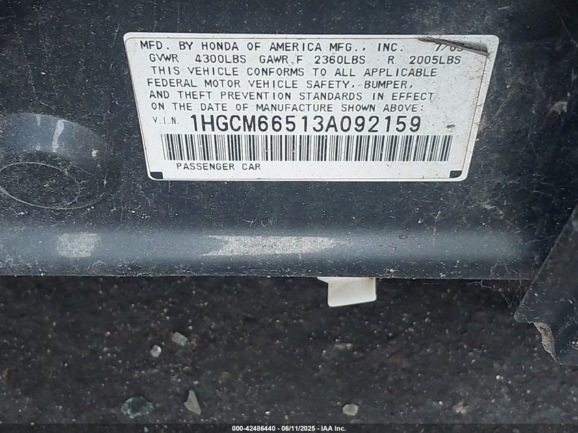 2003 Honda Accord 3.0 Ex VIN: 1HGCM66513A092159 Lot: 42486440