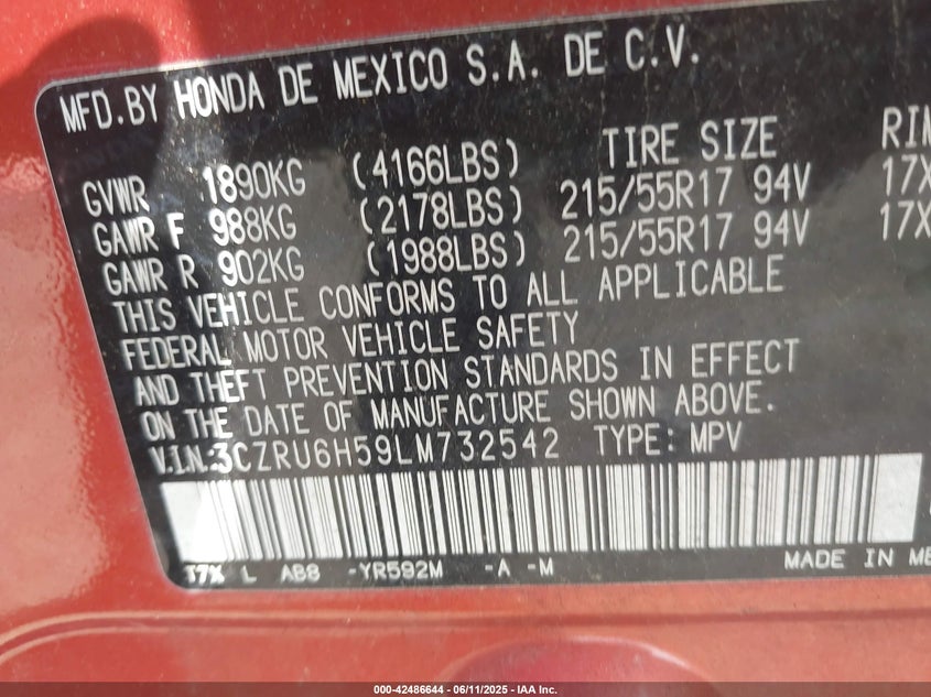 VIN 3CZRU6H59LM732542 2020 HONDA HR-V AWD EX