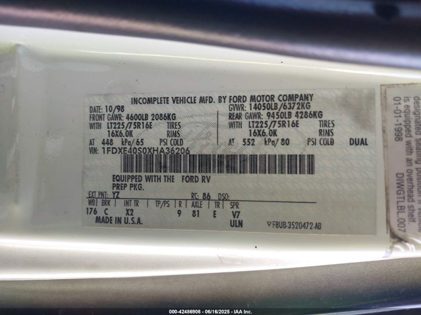 1999 Ford Econoline E450 Super Duty Cutwy Rv VIN: 1FDXE40S0XHA36206 Lot: 42486906