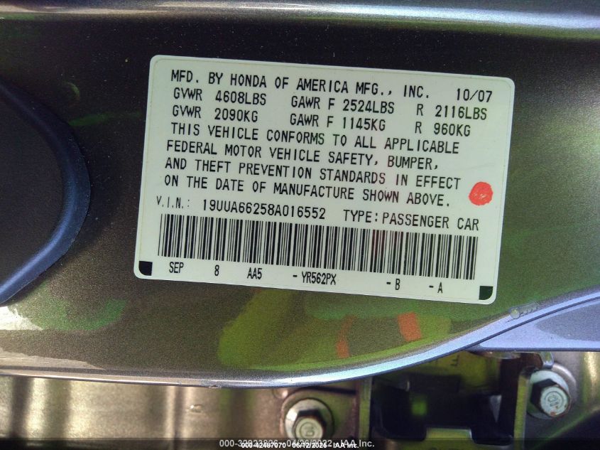 2008 Acura Tl 3.2 VIN: 19UUA66258A016552 Lot: 42487070