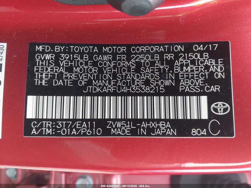 2017 TOYOTA PRIUS VIN: JTDKARFU4H3538215