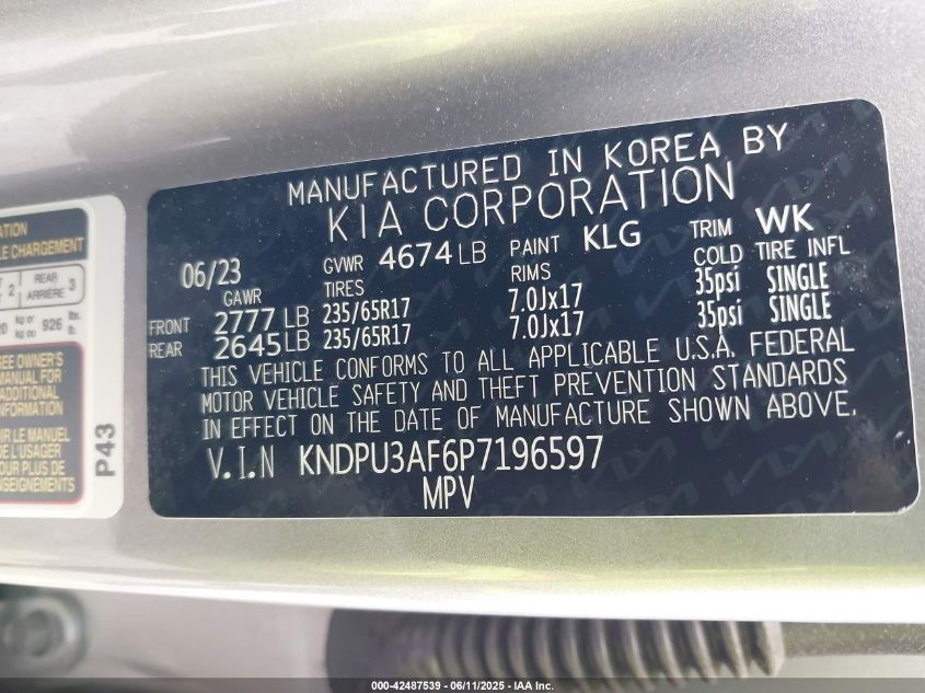 2023 Kia Sportage Lx VIN: KNDPU3AF6P7196597 Lot: 42487539