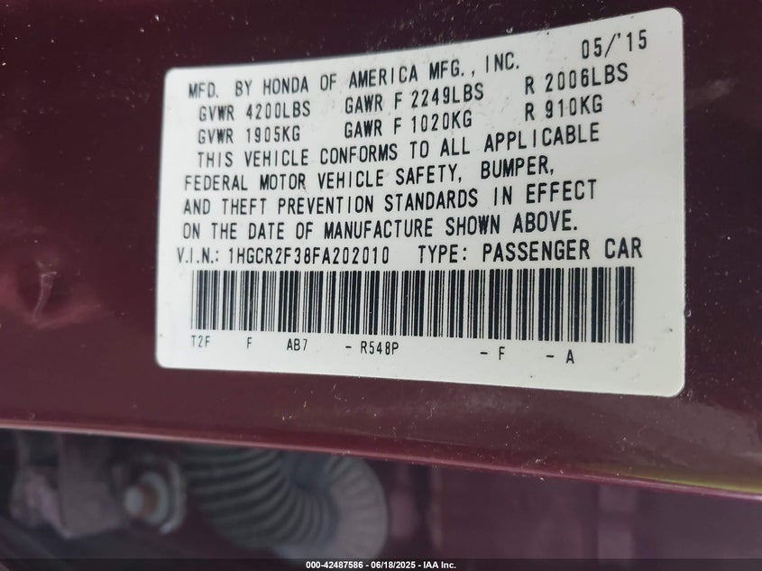 2015 HONDA ACCORD LX - 1HGCR2F38FA202010