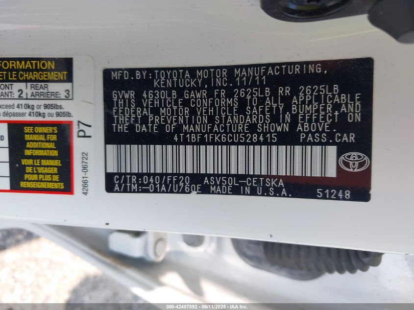 2012 Toyota Camry Se VIN: 4T1BF1FK6CU528415 Lot: 42487592