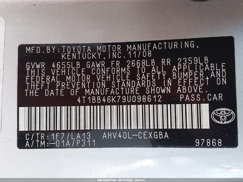 2009 Toyota Camry Hybrid VIN: 4T1BB46K79U098612 Lot: 42487706