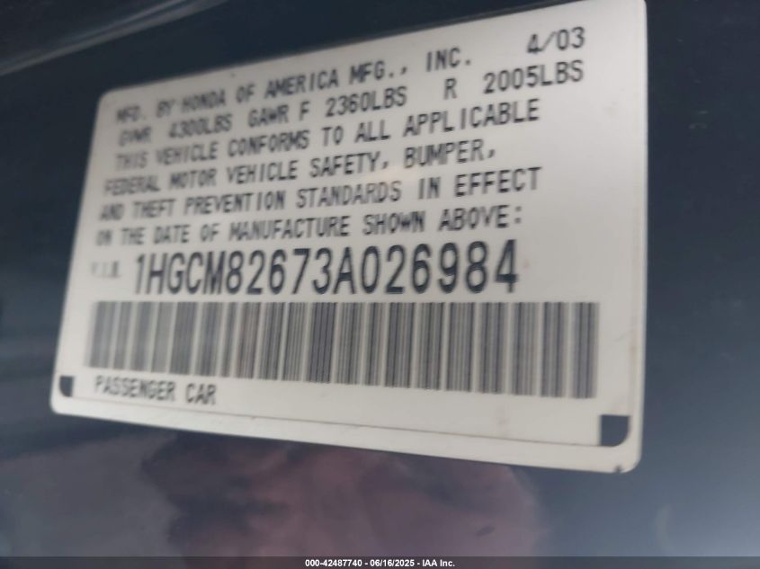 2003 Honda Accord 3.0 Ex VIN: 1HGCM82673A026984 Lot: 42487740