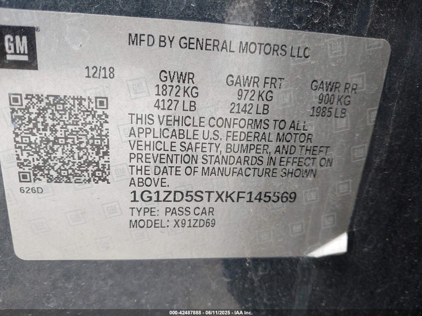 2019 Chevrolet Malibu Lt VIN: 1G1ZD5STXKF145569 Lot: 42487888