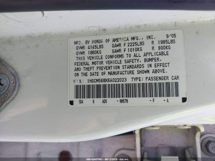 2006 Honda Accord 2.4 Ex VIN: 1HGCM568X6A022023 Lot: 42487993