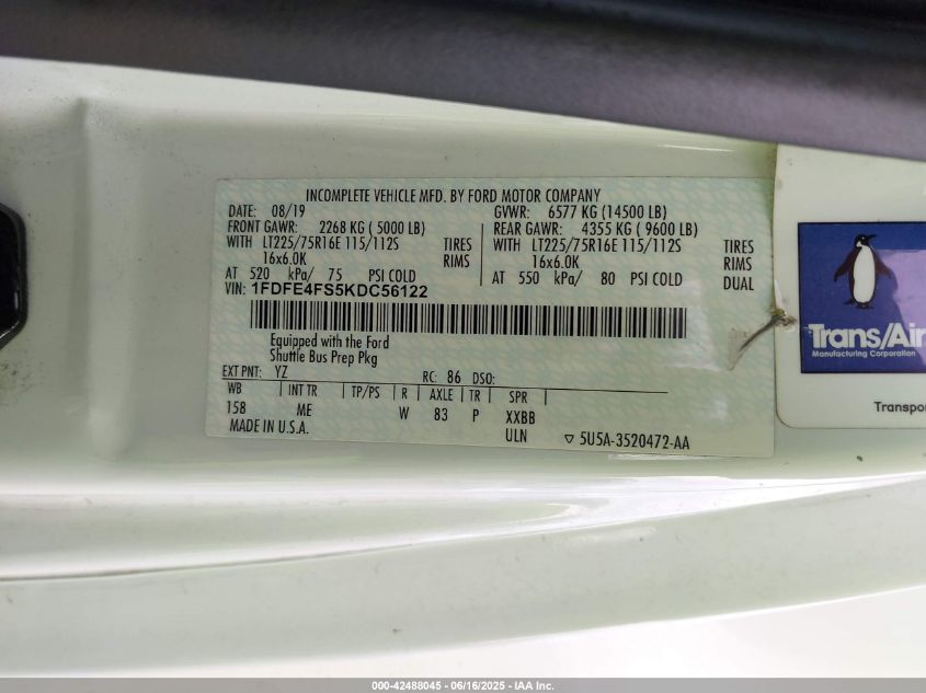 2019 Ford Econoline VIN: 1FDFE4FS5KDC56128 Lot: 42488045