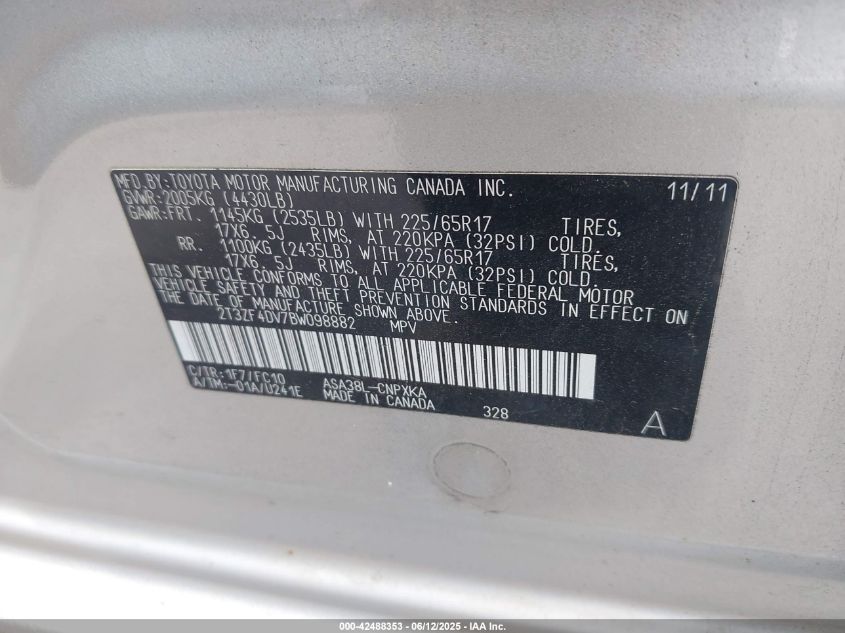 2011 Toyota Rav4 VIN: 2T3ZF4DV7BW09888 Lot: 42488353