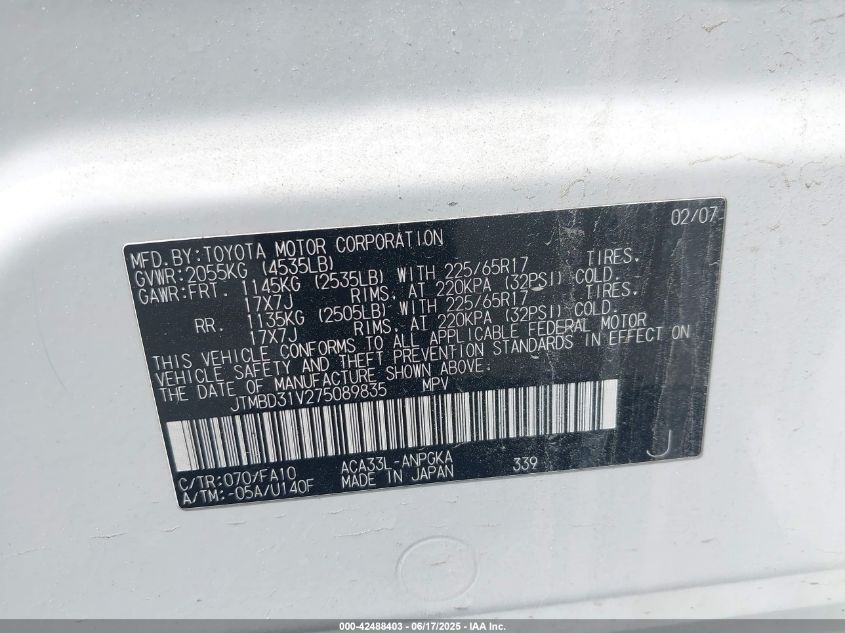 2007 Toyota Rav4 Limited VIN: JTMBD31V275089835 Lot: 42488403