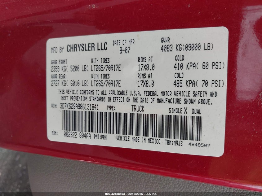 2008 Dodge Ram 2500 VIN: 3D7KS29A98G731841 Lot: 42488503