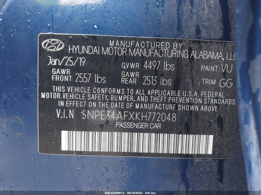 VIN 5NPE34AFXKH772048 2019 HYUNDAI SONATA SEL