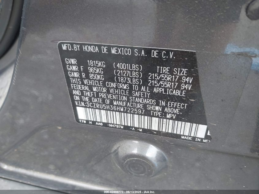 2017 Honda Hr-V VIN: 3CZRU5836HM722597 Lot: 42488773
