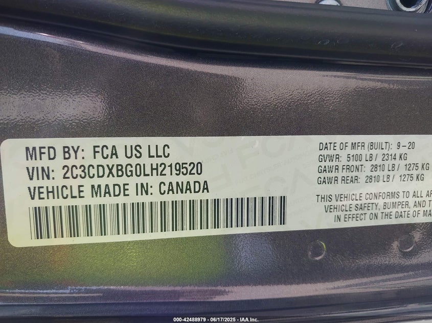 VIN 2C3CDXBG0LH219520 2020 DODGE CHARGER SXT RWD