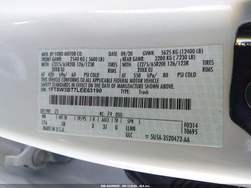 2020 Ford F-350 Lariat VIN: 1FT8W3BT7LEE63190 Lot: 42489055